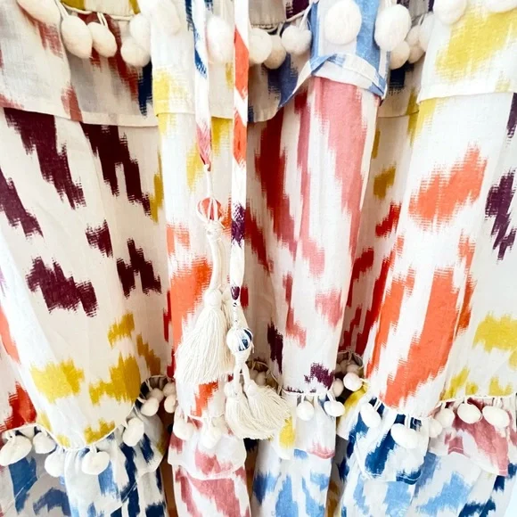 J. Crew Point Sur Womens Tiered Dress Pom Pom Midi Flutter Sleeve Cotton - Picture 6 of 9